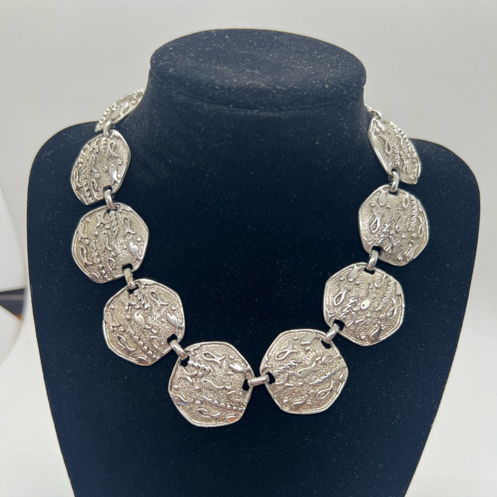 Vintage Judy Lee Mid Century Fish Necklace Silver Tone Nautical Tropical